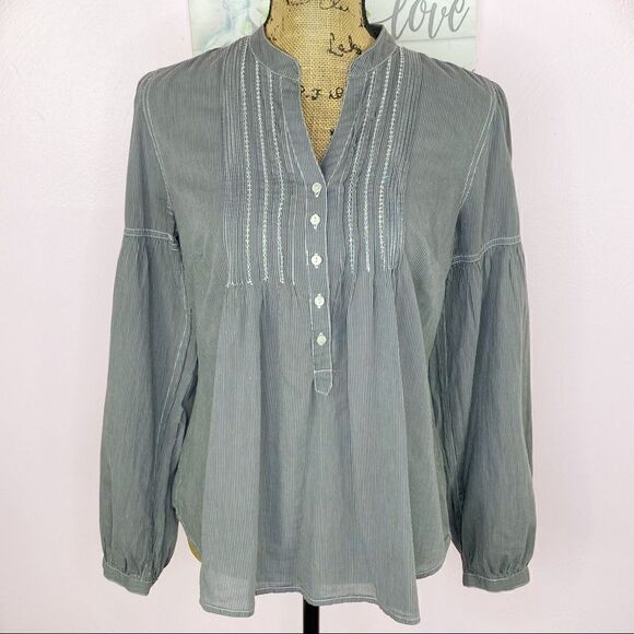 Converse One Star Striped Puntuck Pleat Henley Blouse Gray Medium Long Sleeve - Picture 1 of 11
